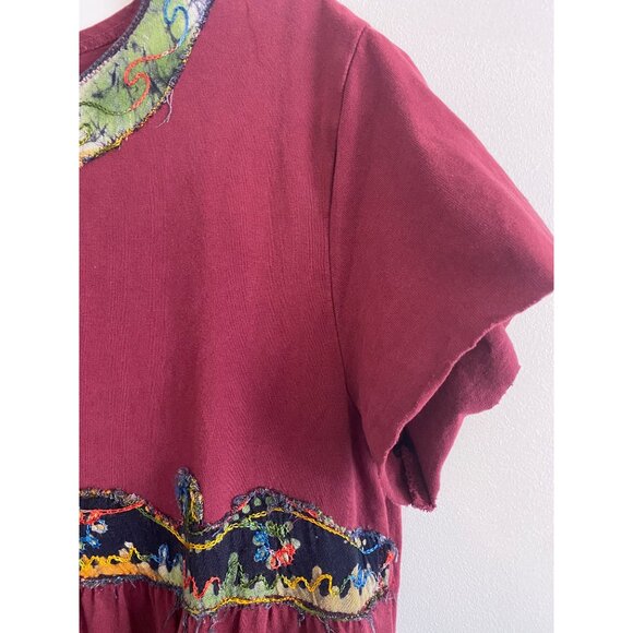 Handmade Burgundy T-Shirt Dress With Embroidered Detail Boho Style Best for M/L - Picture 2 of 5